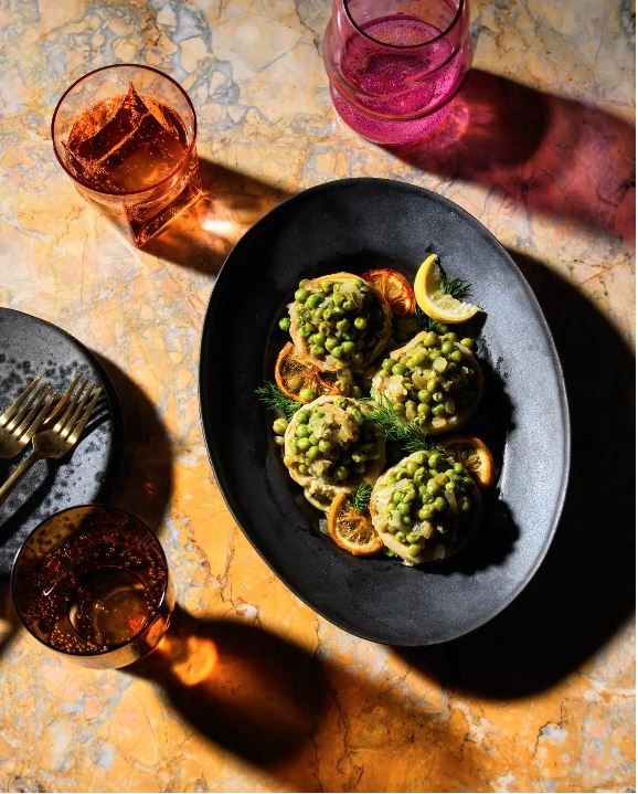 Turkish braised artichokes with peas and candied lemon