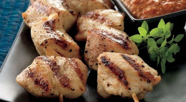 Turkish chicken kabobs with red pepper and walnut sauce