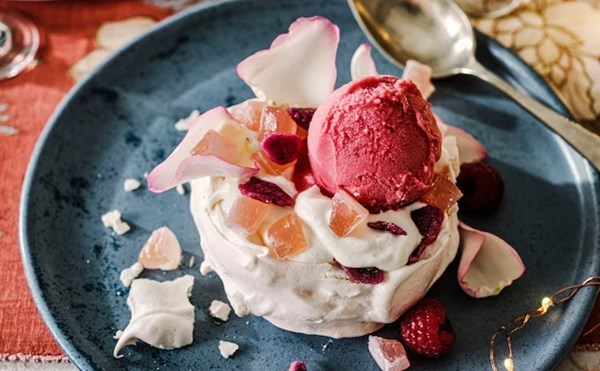 Turkish Delight Pavlovas with raspberry sorbet