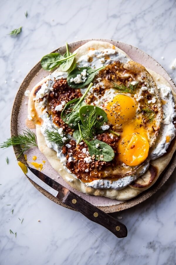 Turkish fried eggs in herbed yogurt
