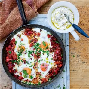 Turkish menemen with sumac yogurt