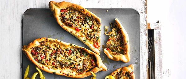 Turkish pide with cheese and peppers