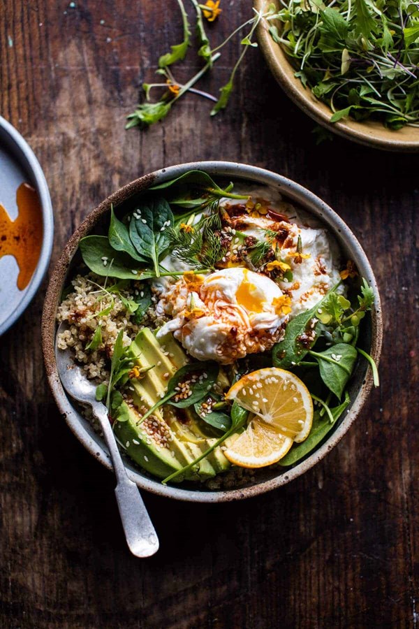 Turkish poached egg and quinoa breakfast bowl