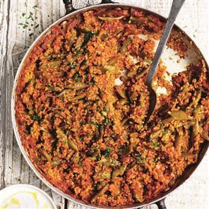 Turkish runner bean and bulgur wheat pilaf with garlic yogurt