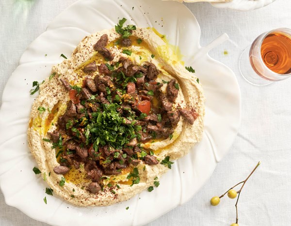 Turkish-spiced chicken hearts with hummus