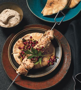 Turkish-spiced chicken kebabs with pomegranate relish and tahini yogurt