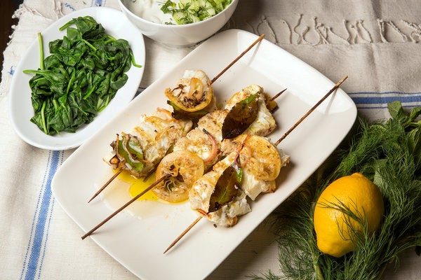 Turkish-spiced halibut kebabs with yogurt sauce