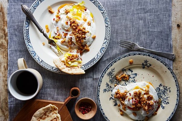 Turkish-style poached eggs with garlic yogurt, chili flakes & walnut butter