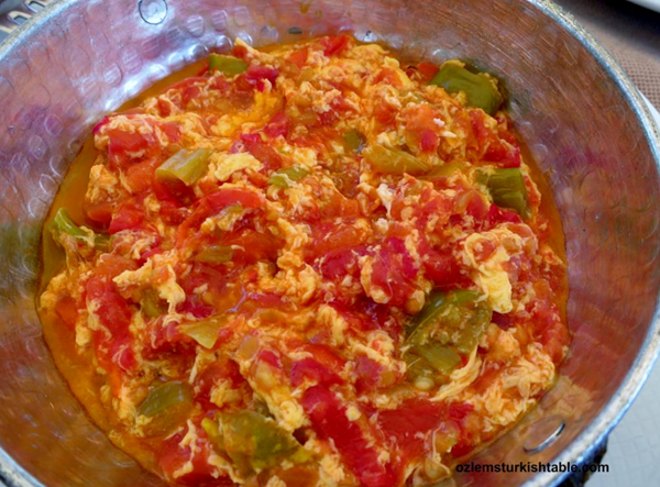Turkish style scrambled eggs with peppers, tomatoes and onions (Menemen)