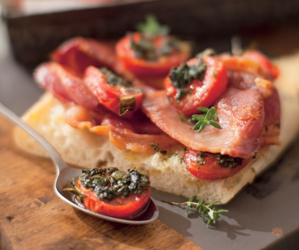 Turkish toast with herb-roasted tomatoes and bacon