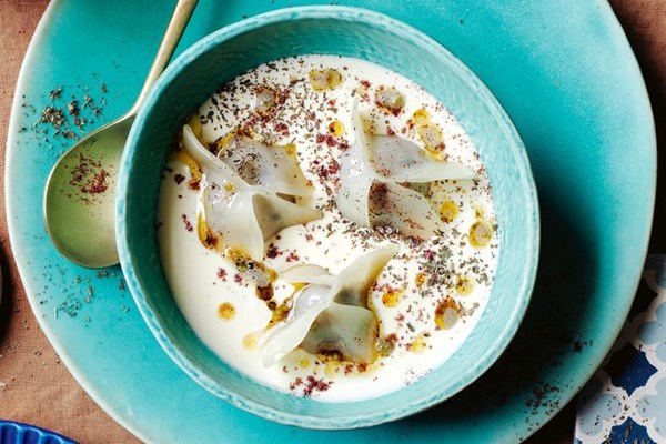 Turkish yoghurt soup with manti