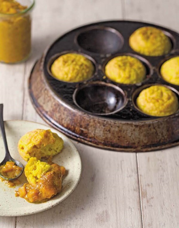 Turmeric aebleskivers with mango jam