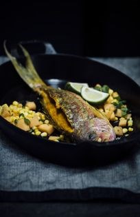 Turmeric-and-chile-roasted red snapper with melon salsa