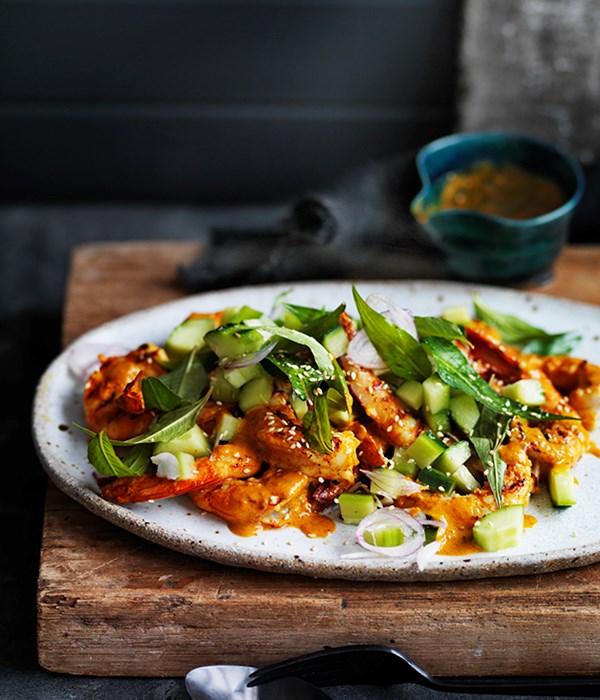 Turmeric and coconut grilled prawns with mint and cucumber salad