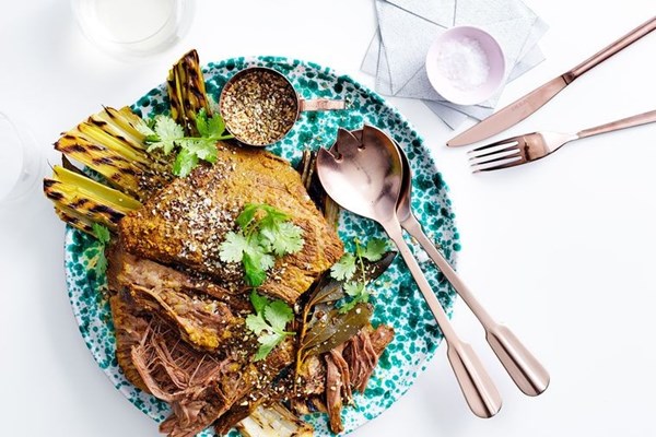 Turmeric brisket with grilled leek and dukkah