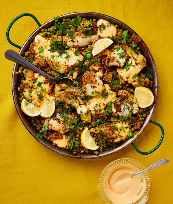 Turmeric chicken rice with peas and herbs