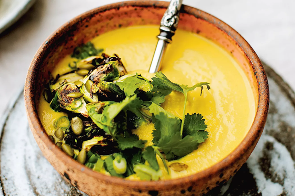 Turmeric chickpea soup with charred Brussels sprouts