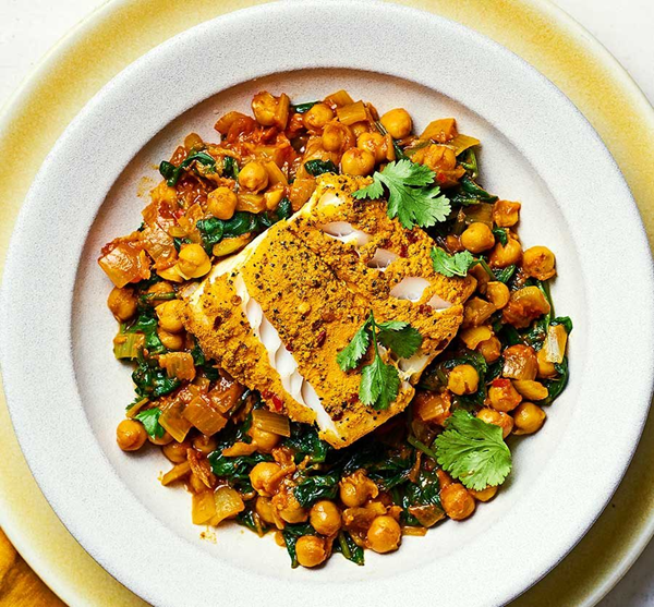 Turmeric cod with chickpea traybake