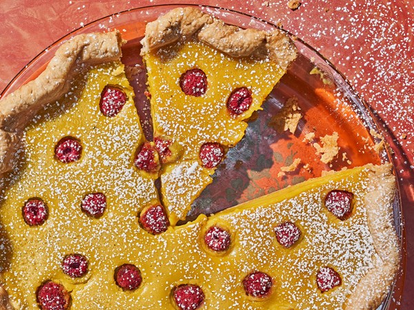 Turmeric custard pie with raspberries