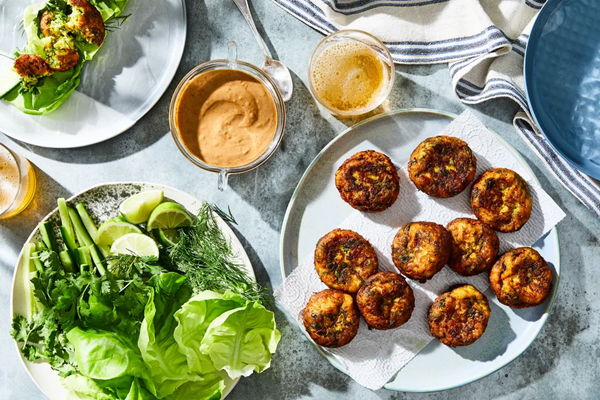 Turmeric fish balls with peanut sauce & so many herbs
