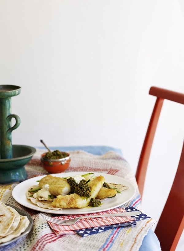 Turmeric fish with flatbreads and pistachio pesto