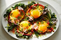 Turmeric fried eggs with tamarind and pickled shallots