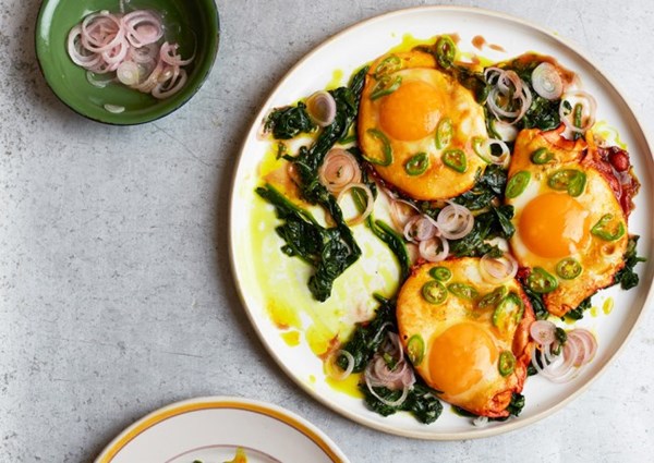 Turmeric fried eggs with tamarind dressing