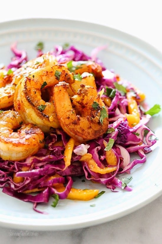 Turmeric garlic shrimp with cabbage-mango slaw