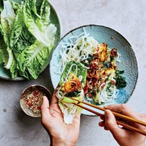 Turmeric-marinated swordfish with dill and rice noodles