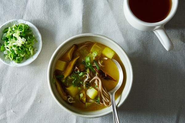 Turmeric-miso soup with shiitakes, turnips and soba noodles