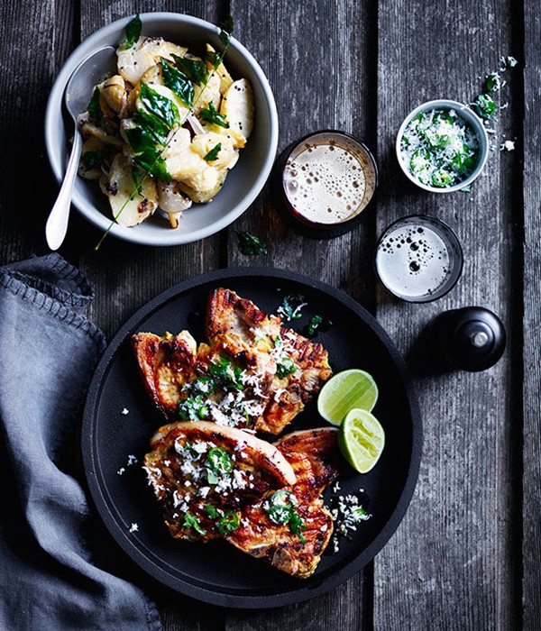 Turmeric pork chops with green chilli and coconut sambal