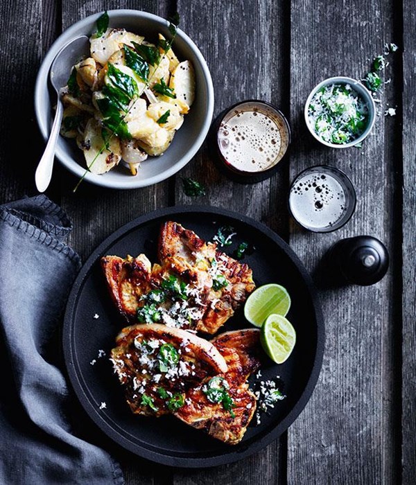 Turmeric pork chops with green chilli and coconut sambal