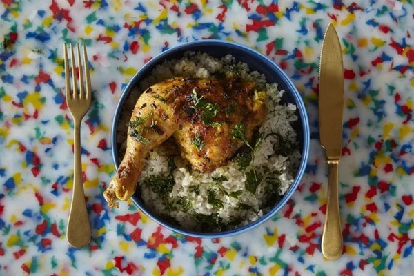 Turmeric roast chicken with cardamom-coconut jasmine rice