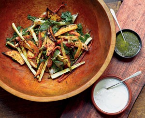 Turmeric-spiced root vegetables with kaffir lime yogurt and mint chutney
