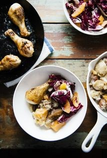 Turnip and potato mash with chicken legs, orange, vanilla vinaigrette, and radicchio