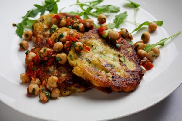 Turnip and potato patties with chickpea salsa