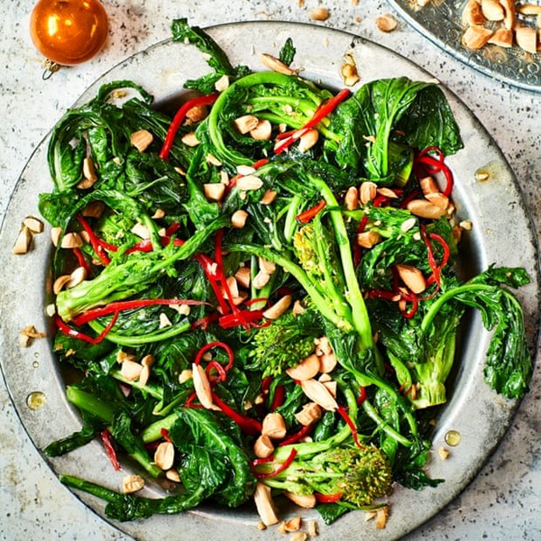 Turnip tops with garlic, chilli and almond
