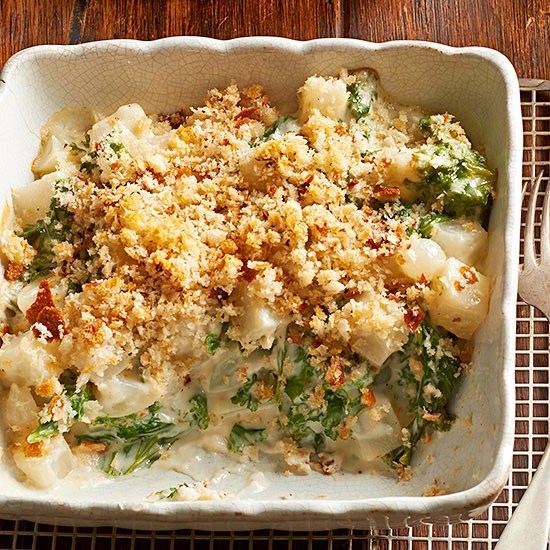 Turnips, greens, and pearl onion gratin 