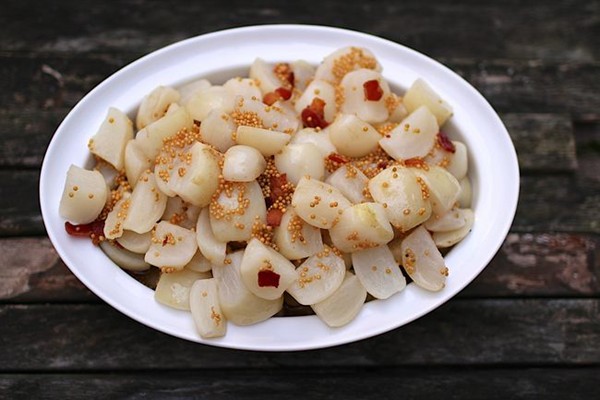 Turnips with bacon and pickled mustard seeds