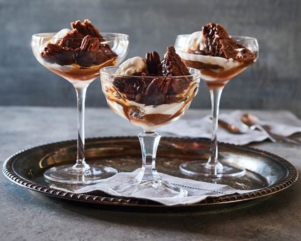 Turtle brownies [caramel sauce, chocolate-covered pecans]