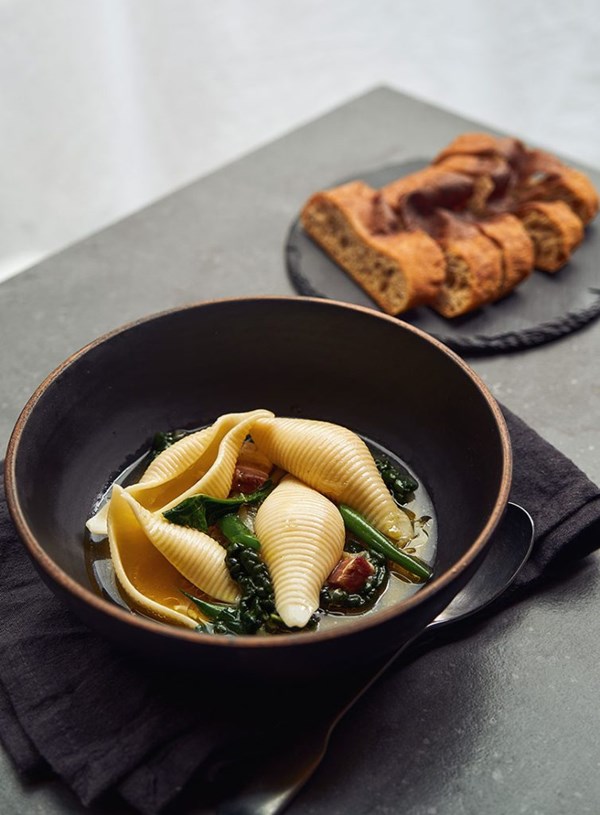 Tuscan green minestrone with pancetta & conchiglioni