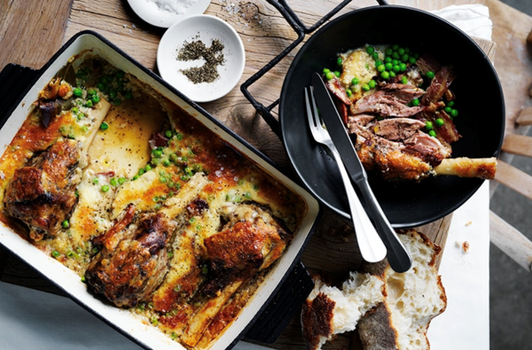 Tuscan lamb shanks with peas, eggs and pecorino