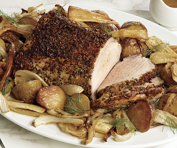 Tuscan roast pork with yellow potatoes, fennel, and parsnips