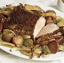 Tuscan roast pork with yellow potatoes, fennel, and parsnips