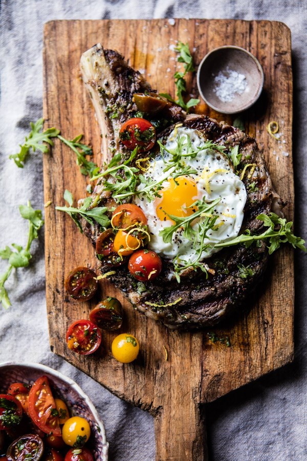 Tuscan steak with marinated cherry tomatoes