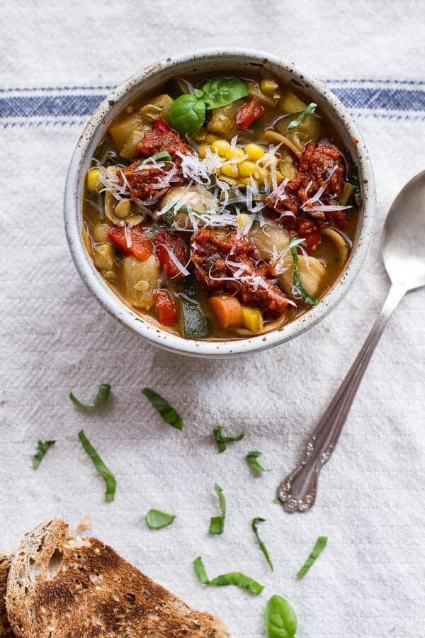 Tuscan summer minestrone with sun-dried tomato pesto