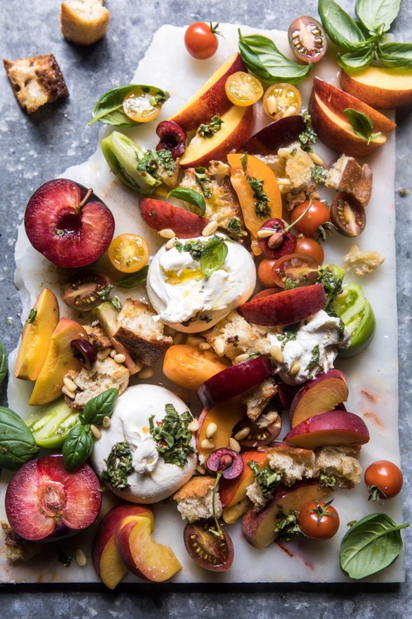 Tuscan summer stone fruit, tomato, and burrata panzanella salad