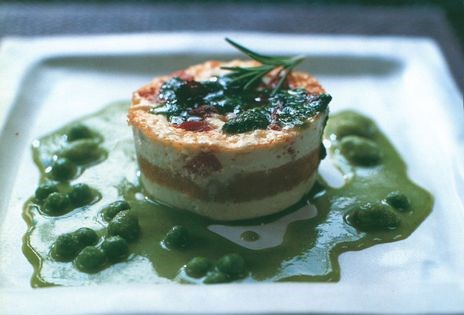 Tuscan tomato bread pudding with peas and broad beans