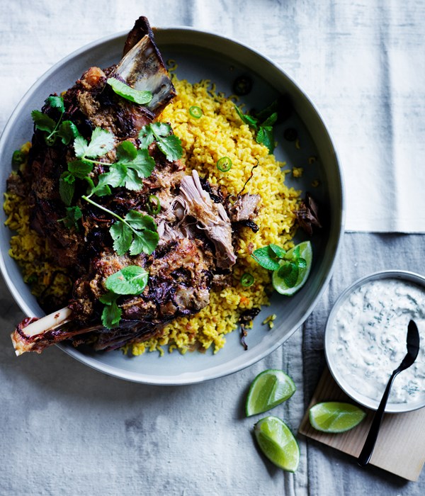 Twelve-hour Indian-spiced lamb shoulder with saffron pilaf