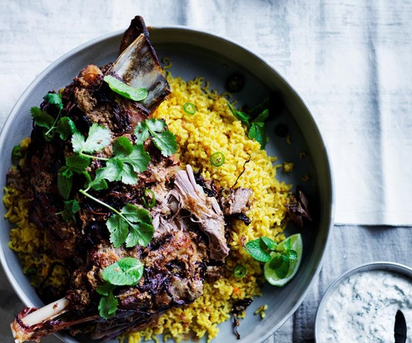 Twelve-hour Indian-spiced lamb shoulder with saffron pilaf